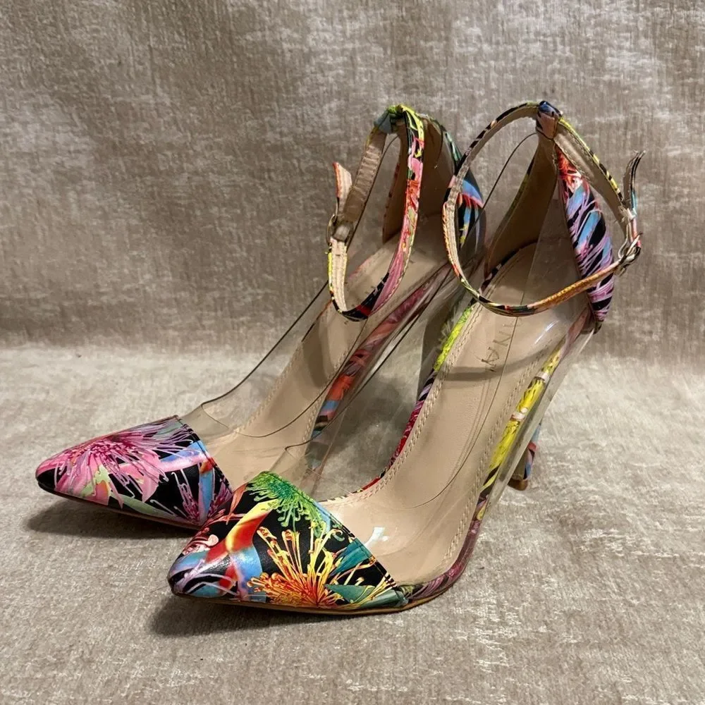 Liliana women's satin floral lucite pointy toe ankle strap stiletto pumps
